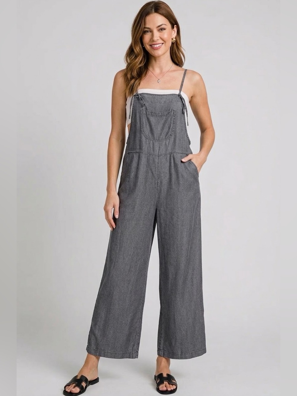 Zenana Washed Adjustable Strap Wide Leg Denim Overalls - Ash Charcoal